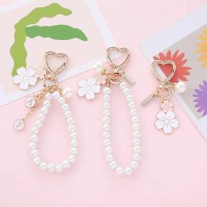 Creative Pearl Flower Letter Hair Ball Pendant Keyring Trendy Moon Rabbit Lucky Cat Cherry Blossom Phone Chain Jewelry for Women