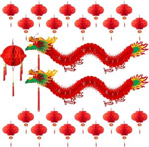 23Pcs Chinese Decorations for Party with 2 3D Dragons & 20 Red Lanterns    Fuller layered red display for birthdays Lunar New Year Asian theme parties homes offices and event backdrops
