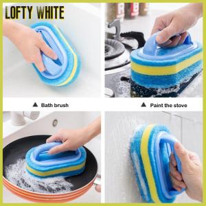 Lofty White แปรงทำความสะอาดแบบหนาพร้อมด้ามจับอุปกรณ์ทำความสะอาดฟองน้ำสำหรับห้องครัวกระเบื้องห้องน้ำฟองน้ำทำความสะอาดคราบในบ้าน