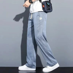 2025 New Summer Soft Lyocell Fabric Mens Jeans Thin Loose Straight Pants Drawstring Elastic Waist Korea Casual Trousers
