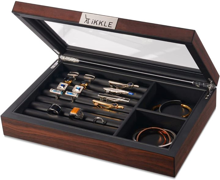 IKKLE Wood Cufflink Box Jewelry Box with Glass Window for Men Ring Storage  Organizer Wood Ring Box Display Case for Various Rings Necklace Ear Studs 