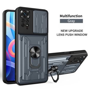 Magnetic Ring Armor Card Slot Wallet Case For Xiaomi Redmi Note 11 11S 4G Slide Lens Protect Cover For Redmi Note11 Pro 11E 5G