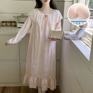 เดรสฤดูใบไม้ผลิฤดูใบไม้ร่วงหวานสำหรับผู้หญิงเดรสชุดราตรีลูกไม้ชุดนอนแขนยาวคอตตอนเมฆน่ารักพร้อมเสื้อผ้าสวมใส่บ้านหน้าอกแบบหลวม