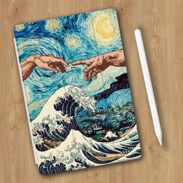 {RUBBIE shell} Van Gogh Waves Case for iPad 12.9 inch 10.9 Air 4 5 Cover 10.2 7/8/9th Generation Mini 5 6 2021 iPad Pro Case Tri-Fold Design