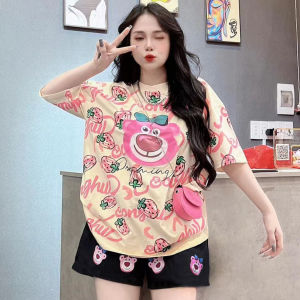 Plus Size Ternos for Women Outfit Strawberry Bear Print Loose Short-sleeved Tshirt+wide-leg Pants