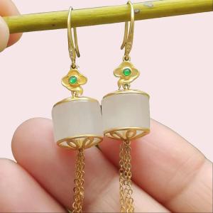 Harmony Cylinder Earrings – White Jadeite 18K Gold & Five Elements Balance - Hook Earrings (Certified GD2202H003324 Sku: 18k11)