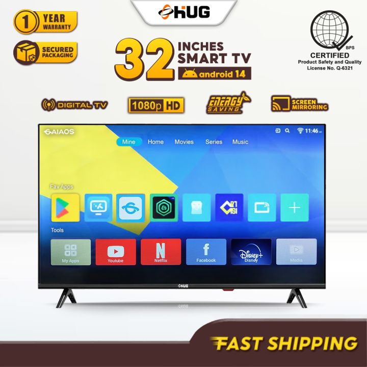 HUG 32 Inches Smart TV Android 14 Digital TV Netflix Youtube 1080p HD ...