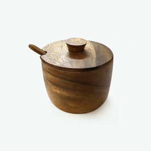Acacia Salt Box with Spoon 3.5 x 3.75"