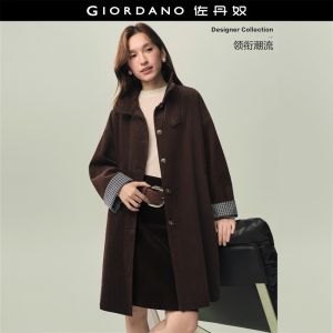 Giordano Women Stand collar plaid cuff mid-length corduroy jacket Free Shipping 18376611