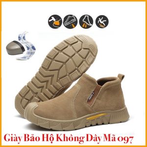 {Mũi Thép Đế Thép} Giày Bảo Hộ Không Dây MS097 Chống Đinh Chống Dập Ngón Chống Trơn Trượt Bằng Da Bò Lộn Giày Công Trình- TẶNG KÈM LÓT GIÀY