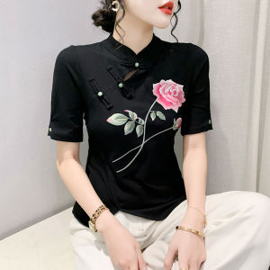 YIMEI Short sleeved black cotton top new summer Chinese style Chinese style buckle T-shirt womens versatile 2023 slim fitting embroidery T-shirt
