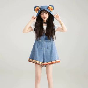 ชุดเอี๊ยมจั๊มสูทกางเกงยีนส์ Size : S-XL มีหูหมีฮู้ดน่ารัก แต่งผ้าลายชนเผ่า สไตล์เกาหลีสายหวานน่ารักสุดๆ