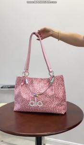 White Leopard Print Embossed Black Alo Logo Tote Bag Women Waterproof Soft Nylon Large Capacity Adjustable Brown Leather Shoulder Strap With Detachable Colorful Bead Charm Casual Commuter Yoga Gym School Daily Shopping Handbag
