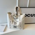 Gentlewoman Cute Cartoon Bear Print Canvas Bag Versatile Contrast Color Shoulder Tote Bag with Zipper. 