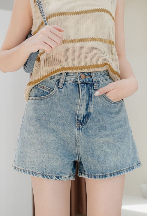 Quần short jeans túi kiểu trơn xanh LENCLOTHING 9748