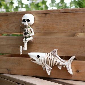 VATENGI Resin Skeleton Shark Fishing Statue Gothic Style Decorative Fish Tank Landscape Creative Unique Shark Sculpture Home Decoration