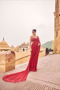 [PRO ORDER] Trending Bollywood BlockBuster Sequins & Embroidery - Georgette -Wedding & Bridal Party Wear & Dinner Wear Saree | (Red-Unstitched) | Normal or Ready to Wear-Delivery Land Time:-10 Days