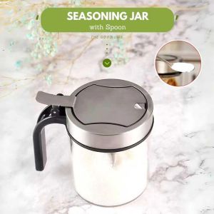 Glass Spice Container with Spoon – Airtight Seasoning Jar for Kitchen | 300ml Storage for Salt Sugar Herbs & Condiments