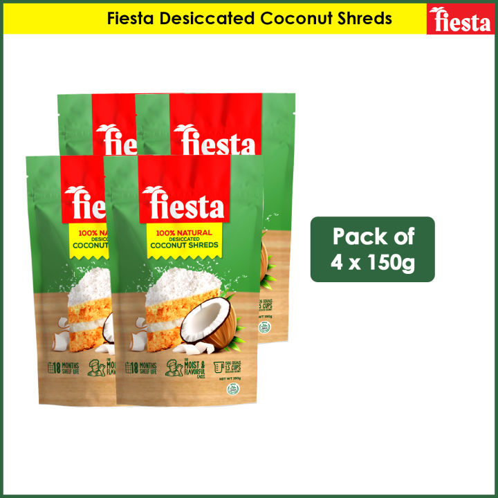 Fiesta Desiccated Coconut Shreds 150g - Pack of 4   Unsweetened, Finely Shredded, Ideal for Desserts, Baking, Cooking,