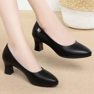 [Free Shipping] 2026 Versatile WomenS Shoes Fashionable And Elegant Mom Shoes Soft Leather Flats Chunky Heel Pointed Toe Single-Strap Mid-Heel Flats