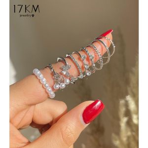 9 ชิ้น / ชุดสตรีแหวนคริสตัลเพิร์ลกลวงบาง ๆ ผีเสื้อเพชรพรีเมี่ยมนิ้วมือแหวนชุด