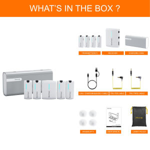 7RYMS IRay DW40น้ำหนักเบาเป็นพิเศษสี่ช่องไมโครโฟนไร้สายขนาดเล็กแฮนด์ฟรีไมโครโฟนคอนเดนเซอร์พร้อมกล่องชาร์จสำหรับบันทึกการสัมภาษณ์ Vlogging