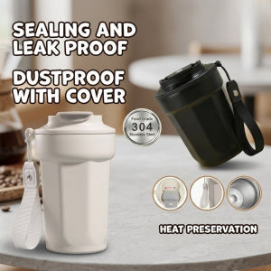 Coffee Mug Vacuum Tumbler Stainless Steel Cute Insulated Hot and Cold Iced Coffee Cup with Leakproof Lid & Rope 450ML