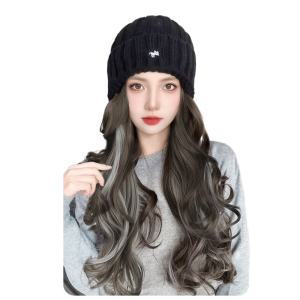 OMQAIO Nổi bật Mũ Beanie với tóc giả Một mảnh Tóc Giả Tóc gợn sóng dài Thời trang Lông mịn Tóc Giả Mũ trượt tuyết dệt kim Phụ nữ