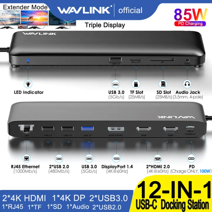 Wavlink 12-In-1 USB C Triple Display Docking Station, Plug and Play Universal Thunderbolt Type-C Displayport Dock Dual 4k HDMI Monitor Hub Adapter With 85W PD
