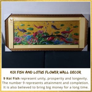9 Koi Fish and Lotus Flower Wall Decor with Frame 46 inches x 21 inches Embossed Image
