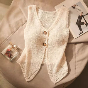 MillionGrid Mùa hè phụ nữ thời trang màu sắc rắn Chic nút v-cổ không tay dệt kim yếm