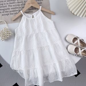 ชุดเดรสสำหรับเด็กอายุ2-7ปีชุดเดรสยาวปานกลางฤดูร้อนสำหรับเด็กผู้หญิงทารกเดรสเปิดแผ่นหลังสไตล์วันหยุดสีขาว