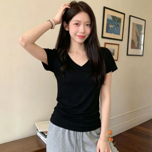 Women’s Korean Style V-Neck T-Shirt Slim Fit White T-Shirt Short Sleeve Top