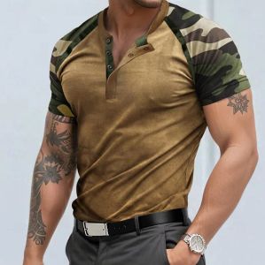 Color Block Camo Camouflage Henley Shirts Daily T Shirts For Men Short Sleeve Dry Fit T Shirt For Men Streetwear Clothing T Shirt For Men Summer Outfit For Men Outdoor Oversized Tshirt Men
