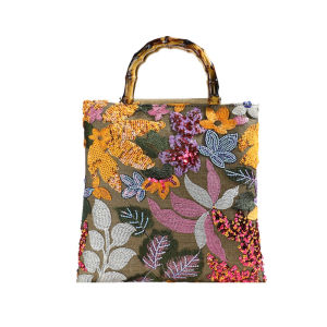 Bamboo Handle Embroidery Shopping Bag Retro Ladies Lace Weaving Tote Colorful Sequins Cotton Linen Woven Handbag with Inner Bags