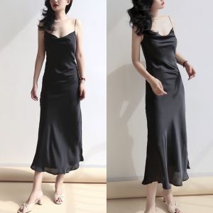 D10013 Drape Neck Silky Long Tank Dress