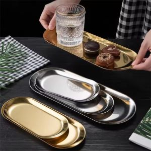 Gold Silver Stainless Steel Plate Oval Dessert Fruit Plate Jewelry Organizer Trays Cake Trays Dinnerware Serving Plates
