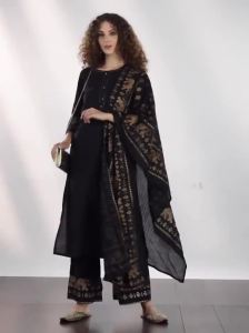 Punjabi Suit Indian Ladies Traditional Clothing 2-pcs Set Cotton Tops Pants Black Pakistani Clothes for Women