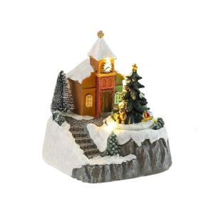Resin Rotating Music Figurine Snow House Scene Ornament for Desktop Christmas Desktop Decoration with LED Light