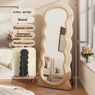 160/170cm Full Body Mirror Nordic Style Mirror Wall Mirror Floor Mirror Dressing Mirror Home Mirror Bedroom Wavy Floor Mirror Wave Full-Body Mirror Girl Bedroom Cream Style Fitting Dressing Mirror Home