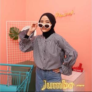 damai fashion - baju KEMEJA jumbo wanita TEROMPET kotak - konveksi murah tanah abang