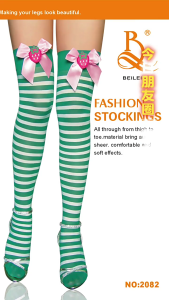 Sweet Strawberry Bowknot Ribbed Over Knee Socks for Women Christmas Festivals Striped Thigh High Long Tube Stockings