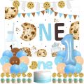 Milk and Cookies 1st Birthday Party Decorations, One Sweet Cookie Birthday Decorations, Milk and Cookies Banner Backdrop Number 1 Foil Balloon Cake Cupcake Toppers for One Year Old Birthday. 