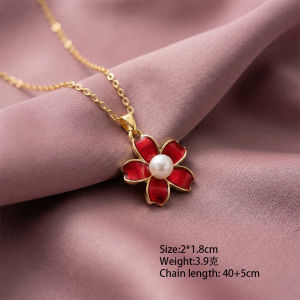 Fashion necklace pendant - Luxury and exclusive small-scale collar chain accessory 热销铜镶锆滴油山茶花珍珠项链女轻奢时尚百搭气质锁骨链套装