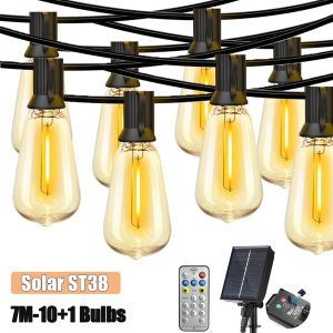 7m/10m/15m/20m LED Solar Lights String Outdoor Light Waterproof ST38 Warm Light Bulb Patio Fairy Lights for Outside Garden Wedding Party Decor