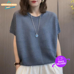 Casual Short-sleeved Knitted Blouse for Womens Round Neck Solid Color T-shirt New Loose and Versatile Slimming Top