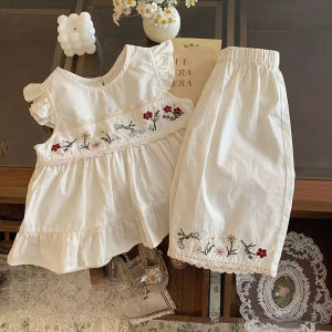 Baby Girls Cotton 2pcs Set Floral Embroidery Flutter Sleeve Top & Pants Korean Style Casual Kids Girl Outfit for 0-5 Years Old Toddler Girls