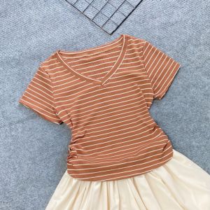 Áo thun sọc ngang cổ tim nữ BIGSIZE CÔ NHỎ dáng dài qua rốn Áo phông phom rộng chất gân tăm mềm mát 58-95kg G85