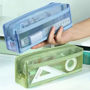SFHDF Transparent Mesh Pen Bag Double Layer Large Capacity Pencil Case Portable High Quality Stationery Storage Bag Student