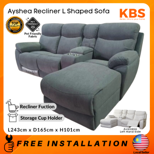 (FREE Shipping+Installation) KBS Ayshea L Shaped Sofa 8ft Recliner L Shape / Cup holder / Full Fabric sofa / Beige / Storage Cup Holder / L243cm x D165cm x H101cm